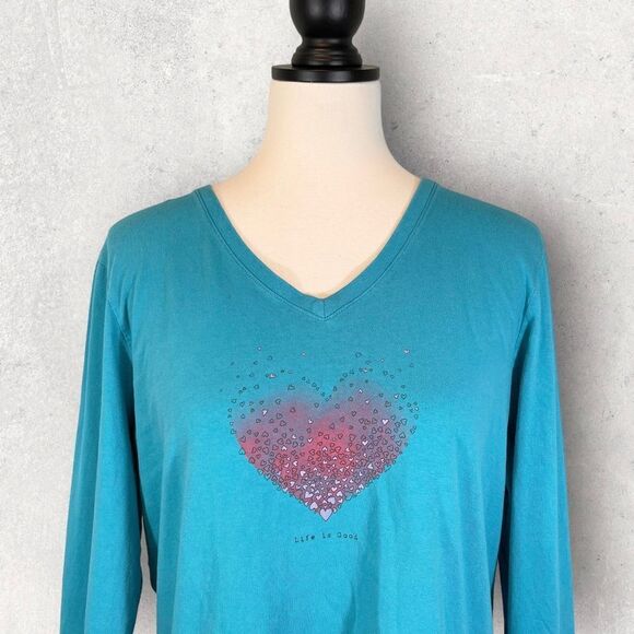 Life Is Good Crusher Tee Teal Long Sleeve Heart Print Classic Fit, Size L - Picture 2 of 11